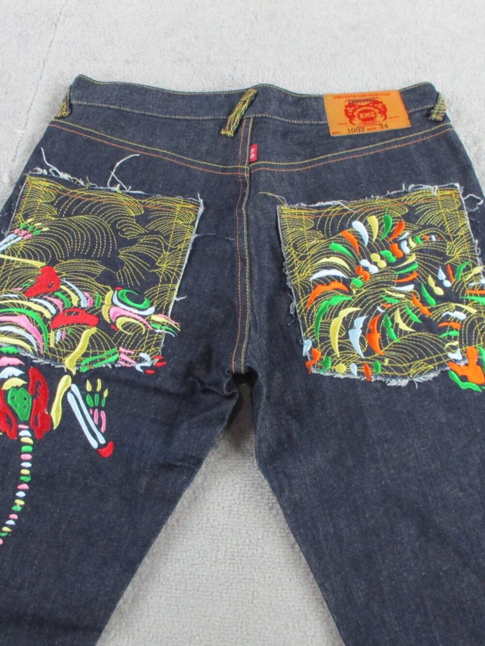 RMC Red Monkey Jeans Mens 34x34 Blue Denim Embroidered Pockets Y2K Streetwear - Picture 1 of 14